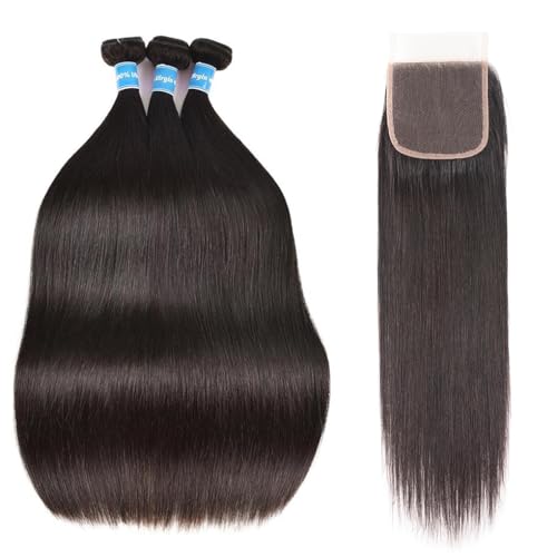Straight Bundles Human Hair with 4X4 Lace Closure 20 22 24 with 18 Inch 100% Unprocessed Virgin Human Hair Bundles with Swiss Lace Closure Free Part Natural Color