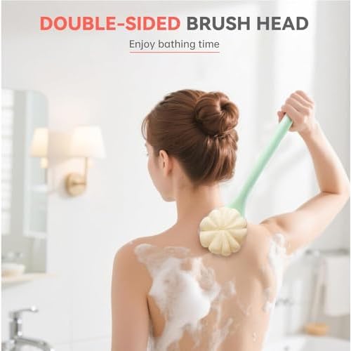 Back Scrubber for Shower, 15.7" Loofah with Handle, Back Shower Brush with Bristles and Loofah, Dry Brushing Body Brush for Cleanse Back and Hard to Reach Areas with Curved Long Handle