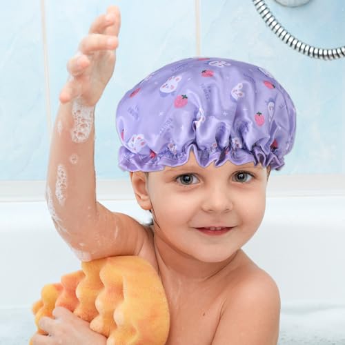Kids Shower Caps, 2 PCS Waterproof Double Layers Shower Caps Cute Rabbit Bonnets Elastic Band Bonnet Satin and Eva Soft Kids Sleeping Cap Reusable Shower Cap for Kid(Purple + Yellow)