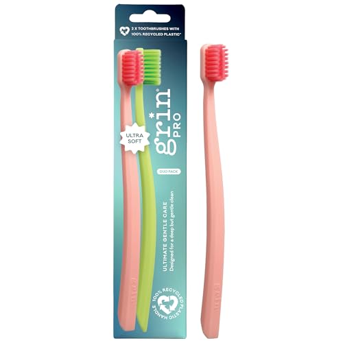 Grin Pro Gentle Care Extra Soft Toothbrushes for Adults ? Travel Toothbrush Set with 4784 Dense Slim Tip Bristles - Comfortable Grip - Perfect for Sensitive Teeth & Gums ? 2 Count (1 Pack Set)