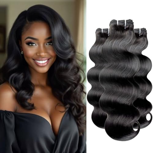 14A Raw Human Hair 3 Bundles Body Wave (18 20 22 Inch), 14A 100% Thick Soft Double Drawn Raw Indian Human Hair Bundles Long Lifespan No Tangle Premium Full-Bodied Quick Weaves #Natural Black