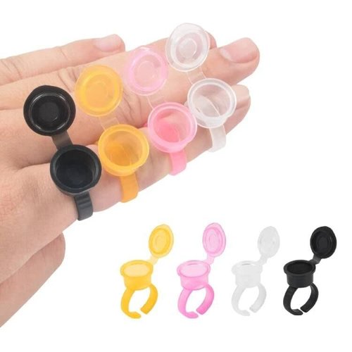 Jafirous 100Pcs Pink Microblading Pigment Tattoo Ink Ring Cups with Cover Cap for Permanent Makeup Eyebrow Glue Holder Container Tools Supplies