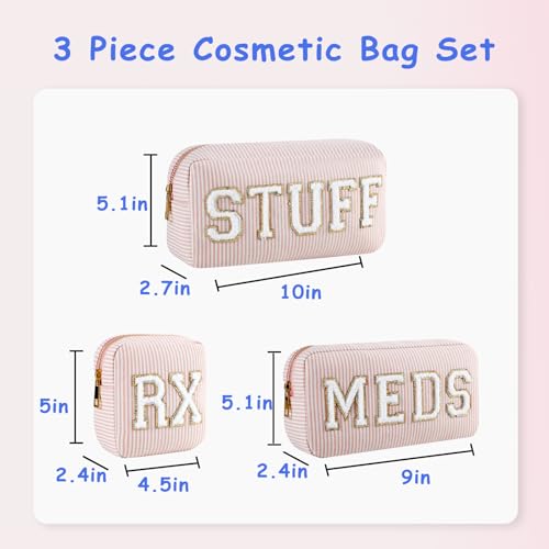 uekeboag Seersucker Chenille Letter Stuff Meds RX Makeup Bag, Travel Washable Purse Organizer with Zipper, Lightweight Toiletry Cute Personalized Preppy Cosmetic Bag For Women and Girls(3pcs Pink)