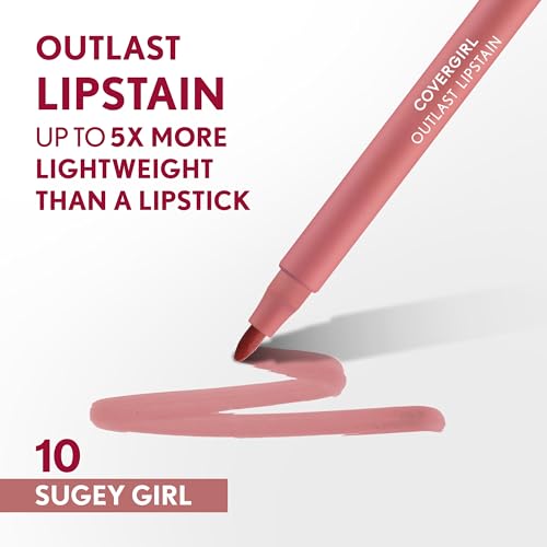 COVERGIRL Outlast, 10 Sugey Girl, Lipstain, Smooth Application, Precise Pen-Like Tip, Transfer-Proof, Satin Stained Finish, Vegan Formula, 0.06oz