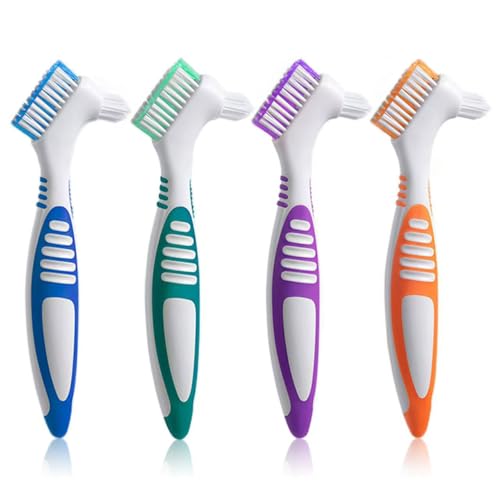 Denture Brush 4Pcs Denture Toothbrushes£¬Denture Cleaning Care Cleaning Brush £¬Double Sided Toothbrush£¬Multi-Layered Bristles and Rubber Anti-Slip Handle (Purple, Green, Blue, Orange)