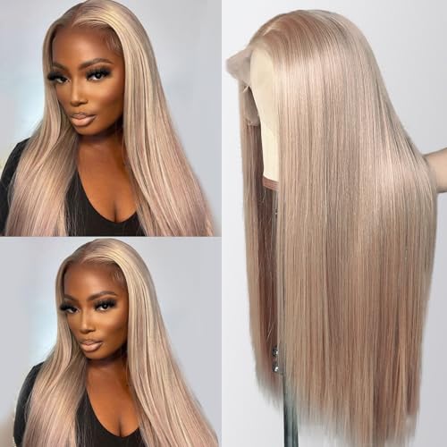 Munx Glueless Wig Human Hair, 13x6 HD Lace Front Straight Wigs for Black Women Ash Blonde Colored Pre-Bleached Invisible Knots Frontal Wig 24in Thick 180% Density Real Human Hair Wigs