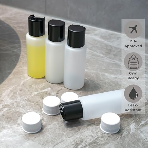 4 Pack 2oz Travel Bottles ? TSA Approved HDPE Translucent Squeeze Bottles with Black Disc Tops & 4 Extra Screw Caps, Leak Proof, Durable, BPA Free, FDA Compliant