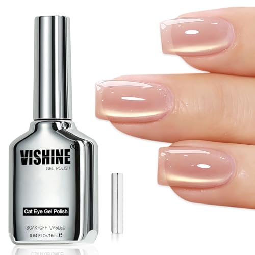 Vishine 16ml Gold Glitter Cat Eye Gel Nail Polish, Sheer Nude Beige Glass Jelly Gel Magnetic Shimmer Gloss Shine Holographic Translucent Color For Nail Art Manicure DIY At Home #432