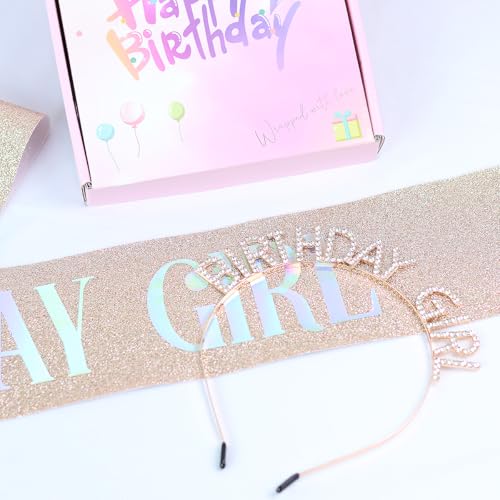 Rose Gold Birthday Girl Sash,Headband,Happy Birthday Banner,Hanging Swirl Decorations,Rhinestone Tiara Crown for Princess,Gift for Women.