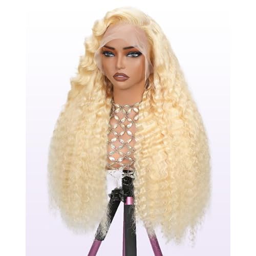 613 13x6 Lace Front Wig Human Hair 20 inch Blonde Deep Wave Wig 100% Real Human Hair 220 Density 613 HD Transparent Lace Frontal Wig No Synthetic Blend Wet and Wavy Curly Wig Triple Lifespan