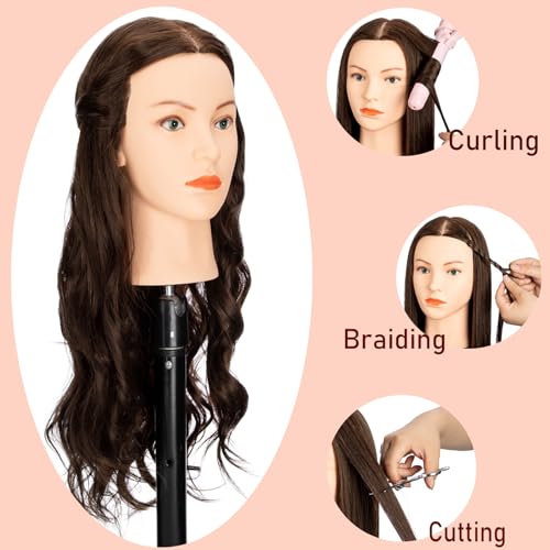 Mannequin Head with 80% Human Hair,26"-28" Cosmetology Human Hair Mannequin Head Hairdressers Practice Doll Head for Hair stly with Free Clamp Holder (#4 Dark Brown)
