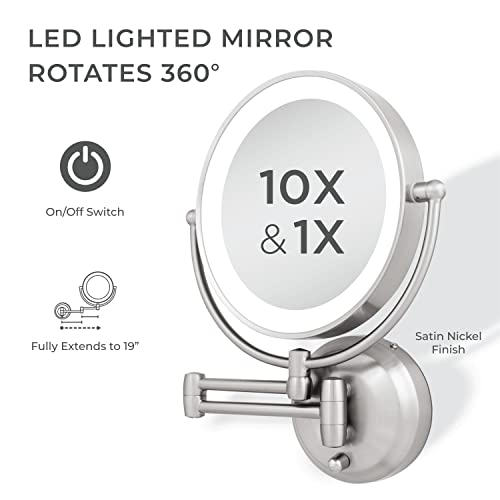 Zadro 11" LED Wall Mounted Makeup Mirror 10X/1X Shaving Mirror Cordless or Battery Operated Vanity Mirrors for Wall