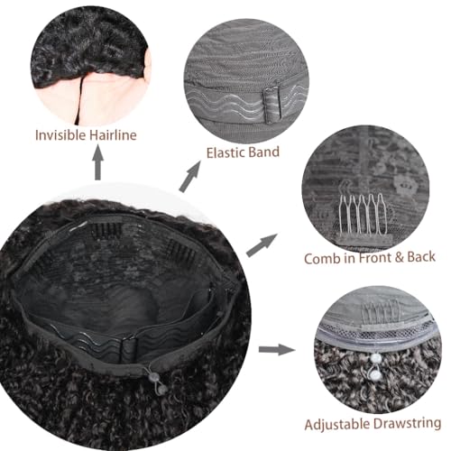 Kinky Curly Half Wig Human Hair 3 in 1 Glueless Wear And Go Human Hair Half Wigs For Women Seamless Flip Over Drawstring Headband Wig 180% Density Beginner Friendly 1B 26inch
