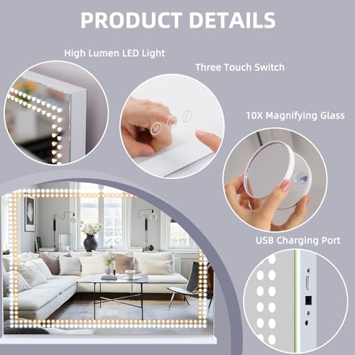 Misavanity Vanity Mirror with Lights Dots Makeup Mirror with LED Lights 31.5" x 22.8" Tempered Glass Lamp Bead Touch Screen Control Dimmable 3 Colors Modes USB Charging Port 10X Magnification, White