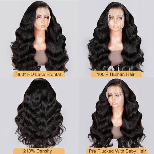 Arabella 360 Lace Front Wigs Human Hair 210% Density 360 Body Wave Human Hair Wig Pre Plucked with Baby Hair Full Lace Wigs Human Hair Natural Color (22inch, 360 Natural Color)