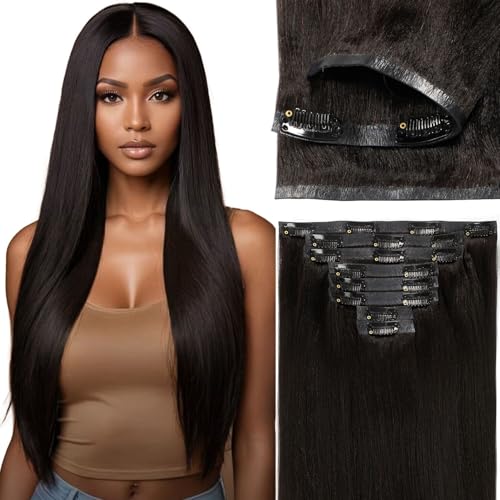 Loxxy Invisible Yaki Straight Clip Ins Seamless Natural Black PU Clip in Human Hair Extensions Thick 22 Inch Yaki Clip Ins for Black Women 110 Gram 7 Pieces #1B Color