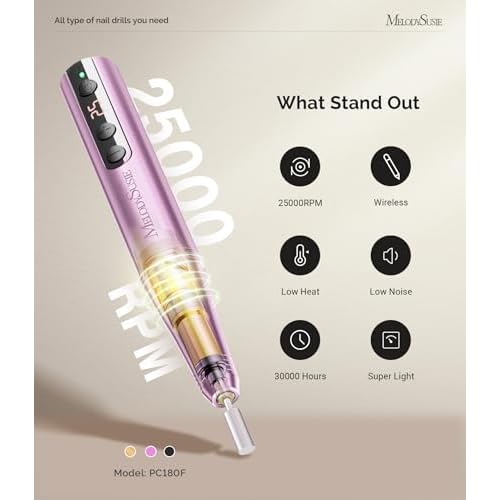 MelodySusie Cordless Nail Drill, PC180F Rechargeable 25,000RPM Eletric Nail File with Nail Drill Bits, Sanding Bands for Beginners