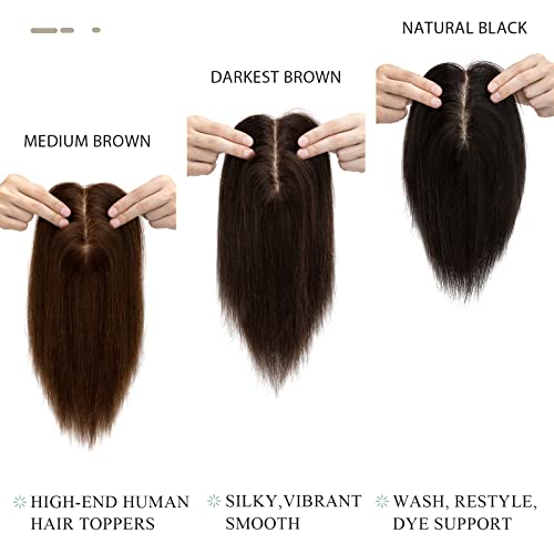 Hairro Human Hair Toppers for Women, Clip in Real Hairpieces, 130% Density 3"x5" Silk Base with Free Parting, for Covering Greyish Thinning Hair Loss/Adding Volume, 10 Inch Medium Brown