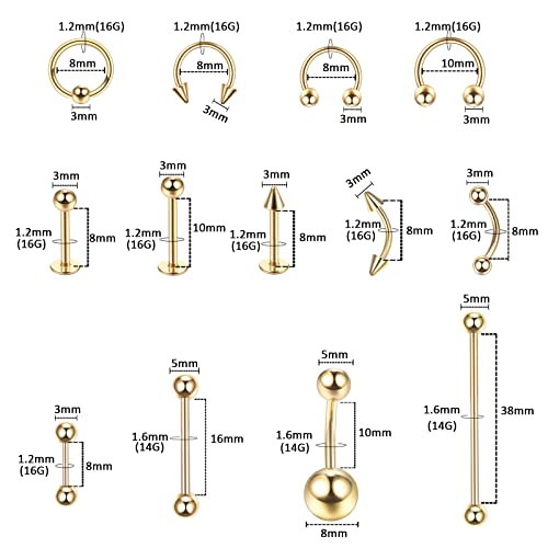 58PCS Body Piercing Kit Surgical Steel 14G 16G BCR CBR Labret Lip Rings Cartilage Daith Earrings Belly Button Rings Nose Septum Piercing Jewelry Needles Gloves Clamps Tools