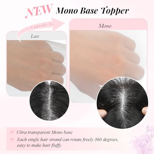 Fine Plus 16Inch Hair Toppers for Women Real Human Hair ? Mono Base 3"x5", Natural Black Virgin Quality, for Thinning Crown & Wide Parting, Lightweight & Breathable, Add Volume Can Be Curled
