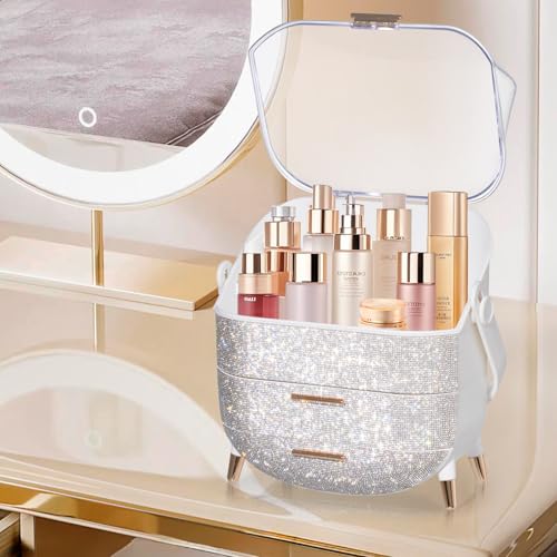 MASSY Egg Shape(Oval) Makeup Storage Box, Countertop Portable Vanity Cosmetics Organizer Preppy Style (Rhinestone White)