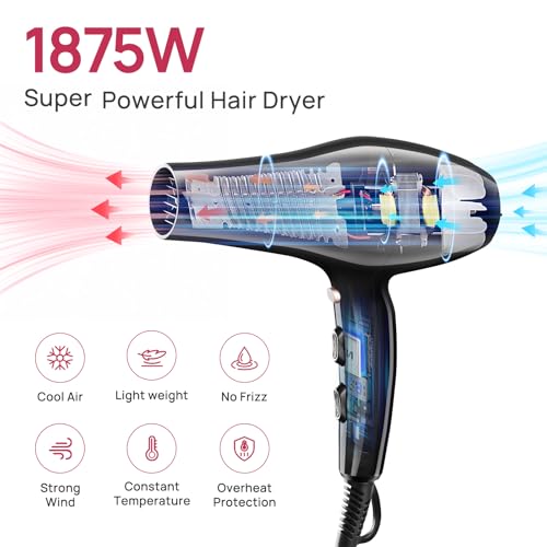 CONFU Hair Dryer, Professional Ionic Salon Blow Dryer with Diffuser for Women and Men, 5X Fast Drying, Powerful and Quiet Hair Blow Dryer for Fast & Easy Styling (1875 Watts)