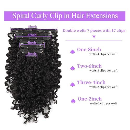 Sassina Spiral Curly Clip in Hair Extensions Human Hair Invisible Human Hair Extensions for Women Natural Black Double Weft Clip in Extensions Thick Soft Natural Human Hair 7Pcs 120G 22 Inch