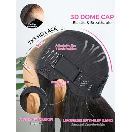 ISEE HAIR Lace Front Wigs Human Hair Kinky Straight Wear & Go Glueless Wigs Natural Hairline Pre Cut 7x5 HD Lace Closure Wig Beginner Friendly 180% Density (Natural Color, 18 Inch)