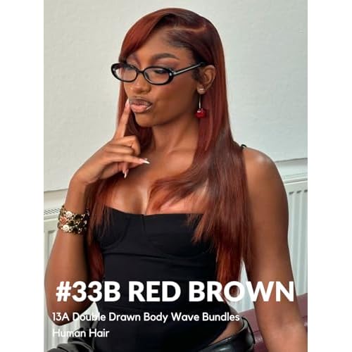 13A Double Drawn Reddish Brown Straight Human Hair Bundles, Full and Thick Copper Red 100% Brazilian Raw Hair 3 Weave Auburn Colored 33B Brownish Straight Bundles 10 12 14 Inch Sew In