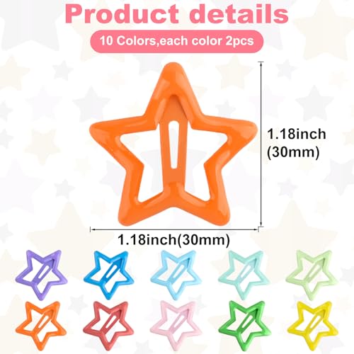 Joez Wonderful 20 Pcs Multicolor Star Hair Clips, 1.18"/3cm Metal Snap Hair Clips, Cute Star Clips Hair Barrettes, Non-Slip Fashion Hair Accessories for Women Girls (10 Colors)