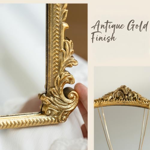 ZOOFOX Vintage Vanity Desk Table Mirror, 11.8" x 9.6" Arched Antique Makeup Mirror with Full Wooden Frame, Small Standing Carved Baroque Mirror for Living Room, Bedroom Dresser, Desktop Decor