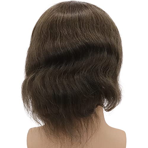Mens Toupee European Human hair Replacement for Men Hairpiece Swiss Lace Front 0.08mm Thin Skin PU All V-looped Man Wigs 10x8inch #7 Lightest Brown Color