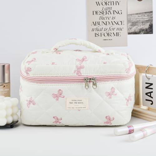 Makeup Bag, Quilted Bow Cosmetic Bag, Large Travel Aesthetic Make up Bag, Cute Coquette Toiletry Bag for Women Girls