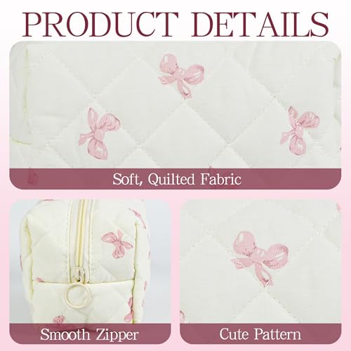 Quilted Makeup Pouch,Cotton Puffy Makeup Bag, Coquette Cosmetic Bag for Women and Girls, Aesthetic Organizer Bag, Cute Flower Travel Toiletry Bag