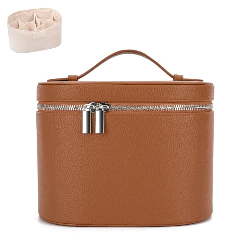 Leather Make Up Bags With Compartments, Brown travel Cosmetic Bags for Women, Parallel Makeup Travel Bags Organizer Equipped With a Detachable Divider