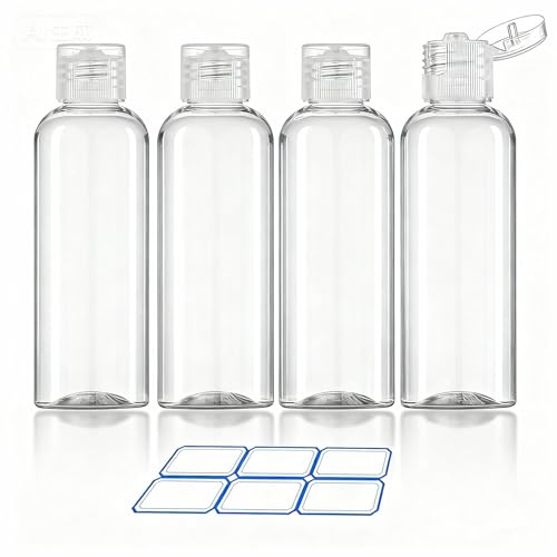 4 Pack 3.4 Oz (100ml) TSA Approved Travel Bottles for Toiletries, Leak Proof Plastic Travel Essentials Accessories with Labels