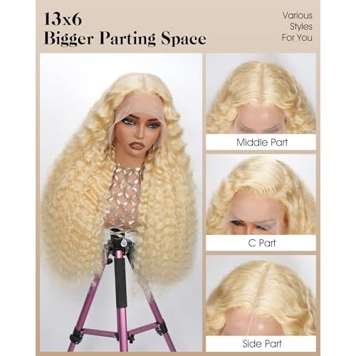 613 13x6 Lace Front Wig Human Hair 20 inch Blonde Deep Wave Wig 100% Real Human Hair 220 Density 613 HD Transparent Lace Frontal Wig No Synthetic Blend Wet and Wavy Curly Wig Triple Lifespan