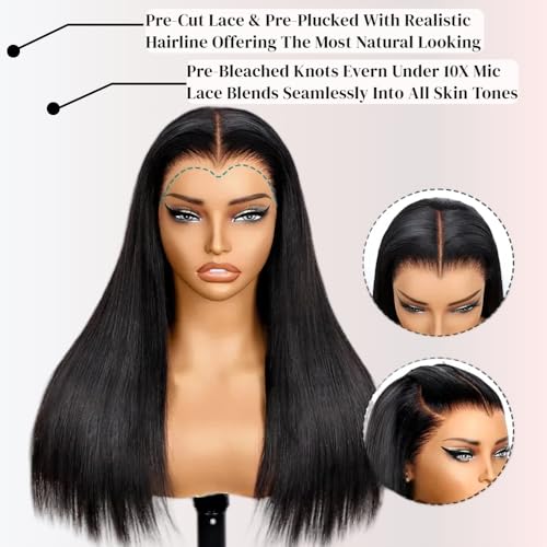 Miss Flower 13x6 Glueless Full Frontal Pull Go Wigs With Drawstring 250 Density Hidden Strap Snug Fit Ultra-thin Invisible Lace Wig Pre Plucked Pre Cut Lace 26Inch Straight Wigs Human Hair For Women