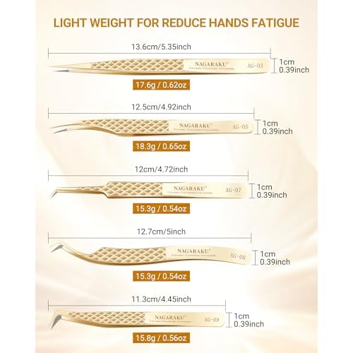 NAGARAKU Eyelash Tweezers Set, 5 PCS Precision Micro Fiber Tip Tweezer for Lash Extensions Antistatic Anti-Slip Straight and Curved Pinzas AG-03/AG-05/AG-07/AG-08/AG-09 with Box For Lash Artists