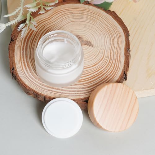 6Pcs Glass Cosmetic Containers with Wood Grain Lid Refillable Cosmetic Jar Frosted Glass Cream Container with Leak-proof Lid Empty Makeup Jar for Lotions,Creams,Scrub Cream,Home,Travel(30ml)