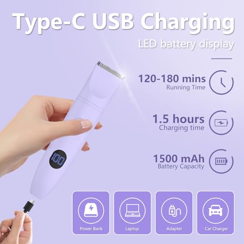 3-in-1 Bikini Trimmer for Women, IPX7 Waterproof Electric Shaver for Women-Rechargeable Electric Razors for Pubic, Facial & Body Hair Trimmer with LED Display, Travel Kit & Painless Blades (Purple)