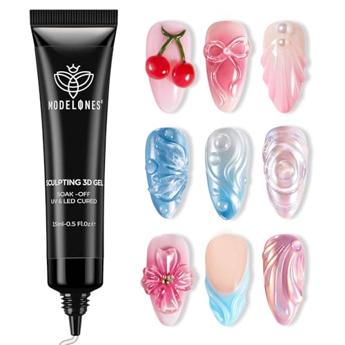 Modelones 3D Gel Nail Art, Sculpting Gel Glue for Molding, Drawing, Charms & Gems Glue, Nail Stuff for Chrome Powder and Rhinestone Design No Wipe, U V Light Cured Salon & DIY Use