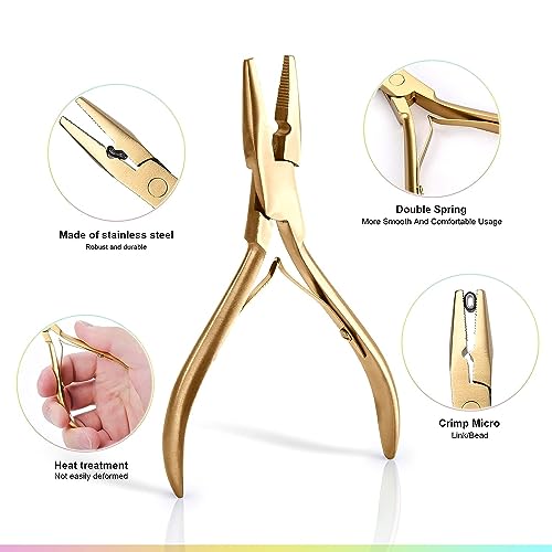 Hair Extension Tool Kit Stainless Steel Pliers Micro Beads Remover Hook Looper Hair Gripper Sectioning Clips Wefting Sewing Salon Barber Accessories (Gold)