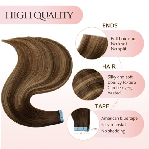 Invisible Tape in Hair Extensions Human Hair 14 inches 20pcs 40g/pack Chocolate Brown Mixed Honey Blonde Straight Seamless Tape in Hair Extensions(14 inches #T4-P27-4)