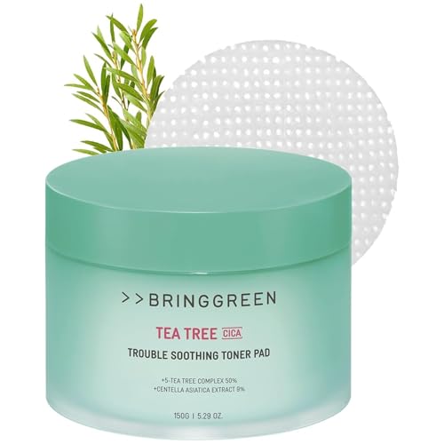 BRING GREEN Tea Tree CICA Soothing Toner PAD | Korean Daily Skincare Routine with Mild Formula, Cooling for Soothing and Hydrationg Effect, Vegan Certified Toner Pads 90 Count, 5.29 Fl. OZ.