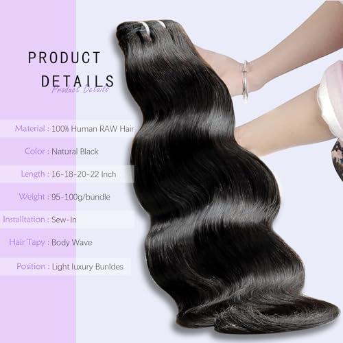 Body Wave Brazilian Human Hair 3 Bundles Human Hair for Black Women 16 18 20 Inch 12A Grade 100% Unprocessed Straight Virgin Hair Bundles Hair Extensions Natural Color