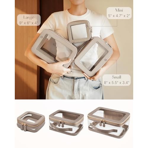 Clear Cosmetic Bag Set for Women Makeup Bag with Handle, 3 Pcs Travel Toiletry Bag Transparent Cosmetic Case Portable Make Up Organizer Bag for Essentials (Stone, Mini+S+L)