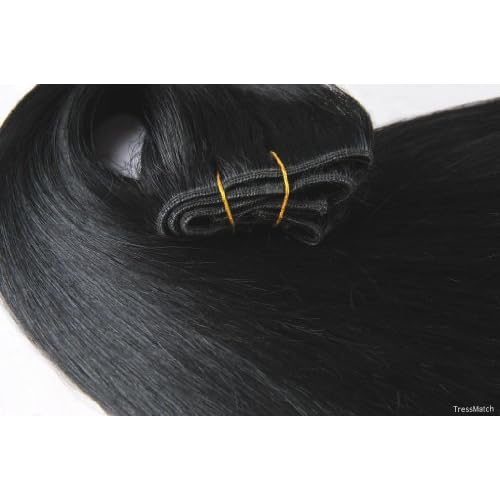 TRESSMATCH 20"-22" Remy (Remi) Human Hair Clip in Extensions Off Black (Color #1b) 10 Pieces(pcs) Thick to Ends Full Head Luxury Set [Set weight: 5.7oz/160grams] ¡¦