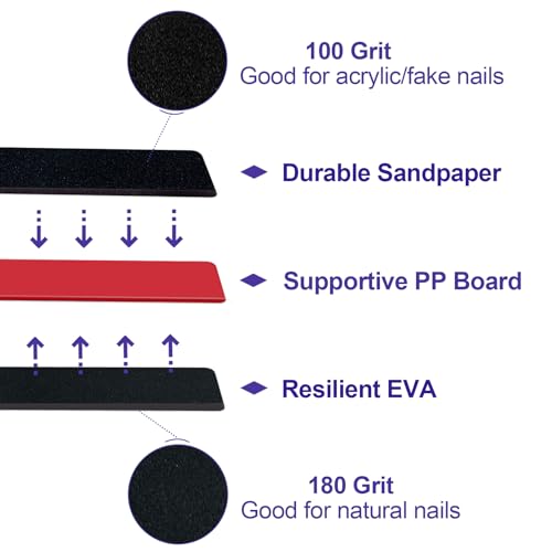 Nail Files (12 Pack), Emery Board Nail File for Acrylic Nails and Natural Nails, 100/180 Grit Double Sided Emory Boards Professional Nail Filer Reusable Washable Manicure Square Black