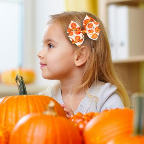 Thanksgiving Hair Bows for Girls, IKOLA Orange Pumpkin Hair Clips Handmade Grosgrain Ribbon Hair Bow Clips, Non Slip Metal Alligator Hair Barrettes Hairpins | Glitter Hair Accessories for Fall Autumn